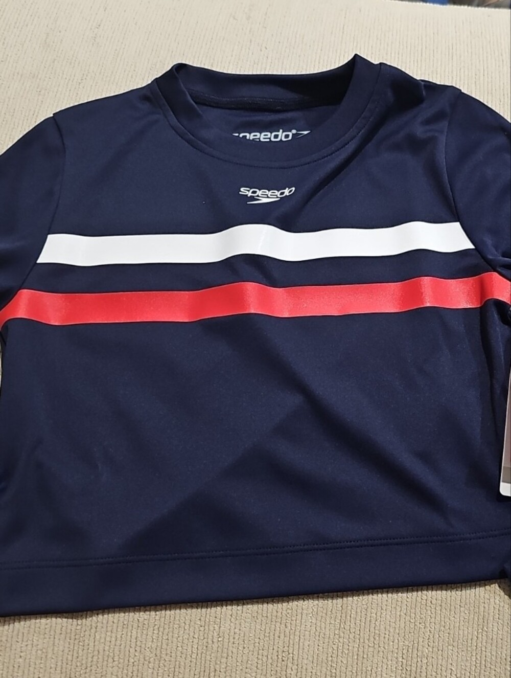 Speedo Navy Kids Rash Guard with White and Red Stripes Size XXS (4/5)